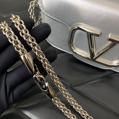 Valentino Garavani Small Locò Shoulder Bag Sliver Metallic Leather