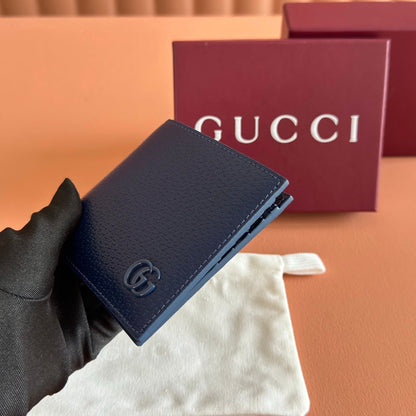 GG Marmont Bi-Fold Wallet Dark Blue Pebbled Leather