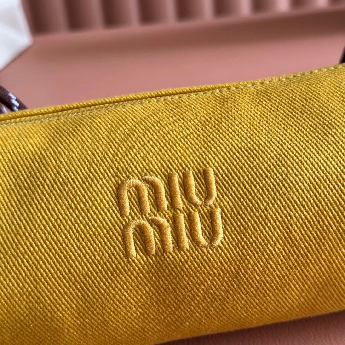 Miu Miu Adventure Nappa Canvas Bucket Bag 22 Yellow in Fabric 285323
