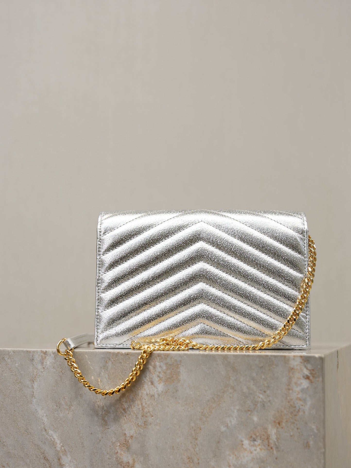 YSL Cassandre Matelassé Envelope Bag Sliver Metalic Leather