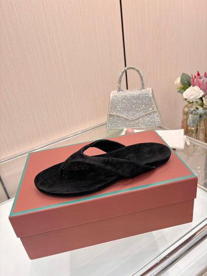 Solid Black Suede Old Money Style Flat Flip Flops Women Casual Thong Sandals