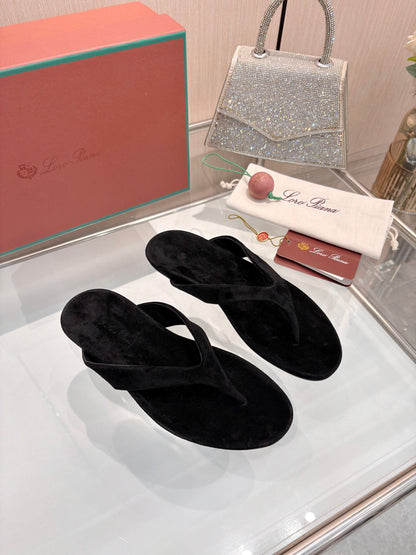 Solid Black Suede Old Money Style Flat Flip Flops Women Casual Thong Sandals