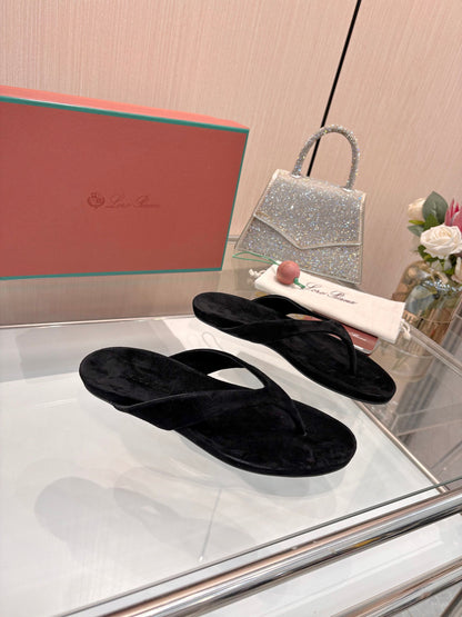 Solid Black Suede Old Money Style Flat Flip Flops Women Casual Thong Sandals