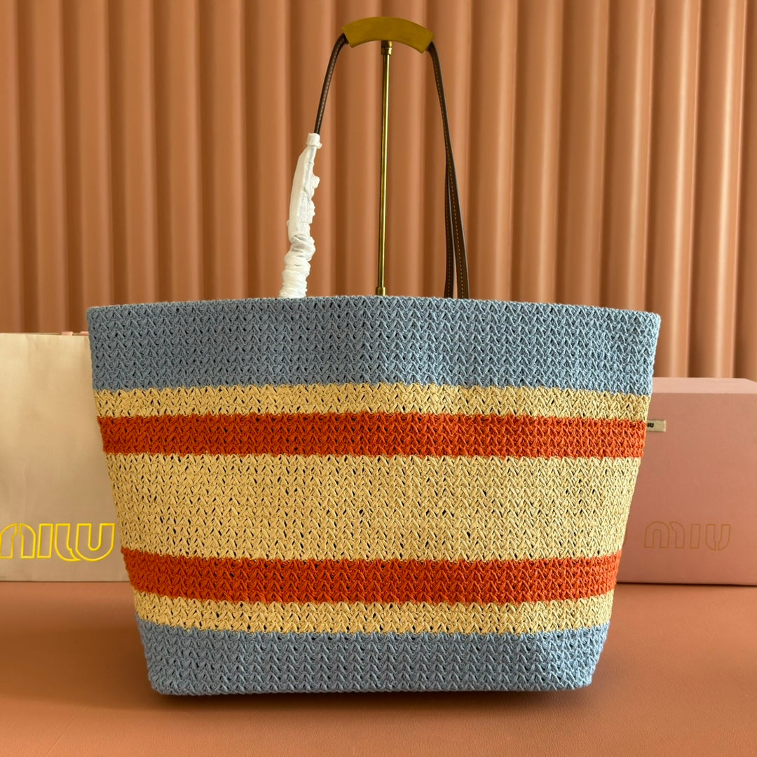 Miu Tote Bag 40cm Beige Blue Red Raffia-Effect Woven 285422