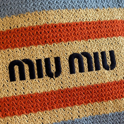 Miu Tote Bag 40cm Beige Blue Red Raffia-Effect Woven 285422