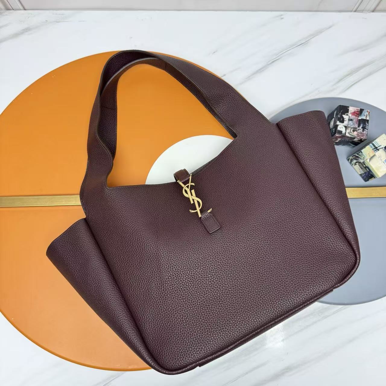 YSL Le 5 À 7 Bea Hobo Bag Dark Brown Grained Leather