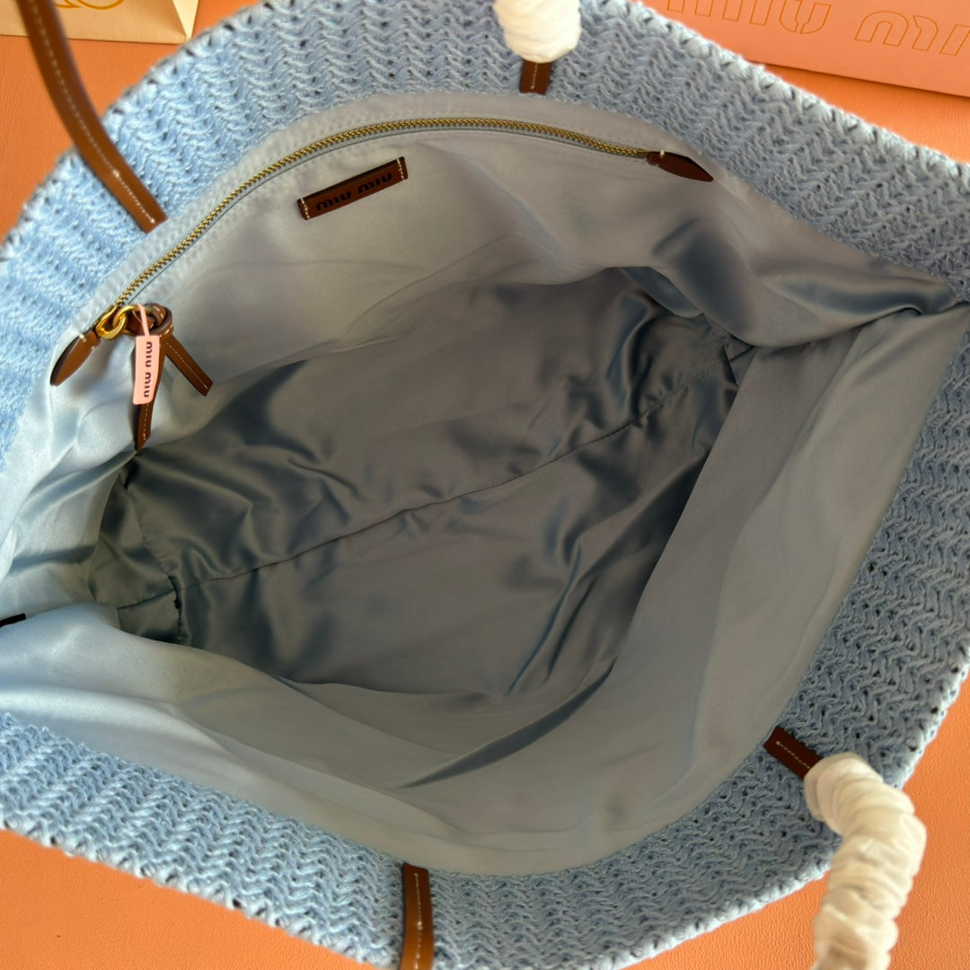 Miu Tote Bag 40cm Beige Blue Red Raffia-Effect Woven 285422