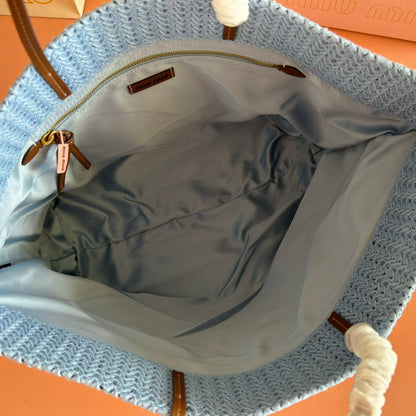 Miu Tote Bag 40cm Beige Blue Red Raffia-Effect Woven 285422