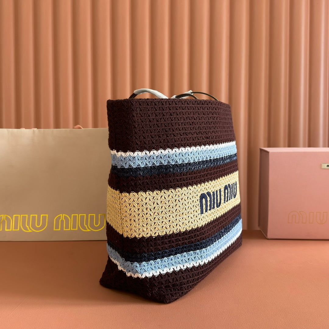 Miu Tote Bag 40cm Beige Brown Blue Raffia-Effect Woven 285416