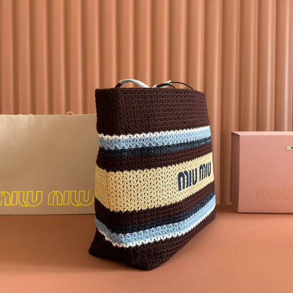 Miu Tote Bag 40cm Beige Brown Blue Raffia-Effect Woven 285416
