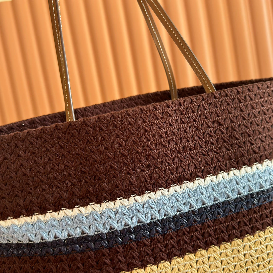 Miu Tote Bag 40cm Beige Brown Blue Raffia-Effect Woven 285416