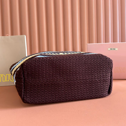 Miu Tote Bag 40cm Beige Brown Blue Raffia-Effect Woven 285416