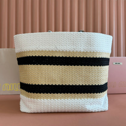 Miu Tote Bag 40cm Beige White Black Raffia-Effect Woven 285413