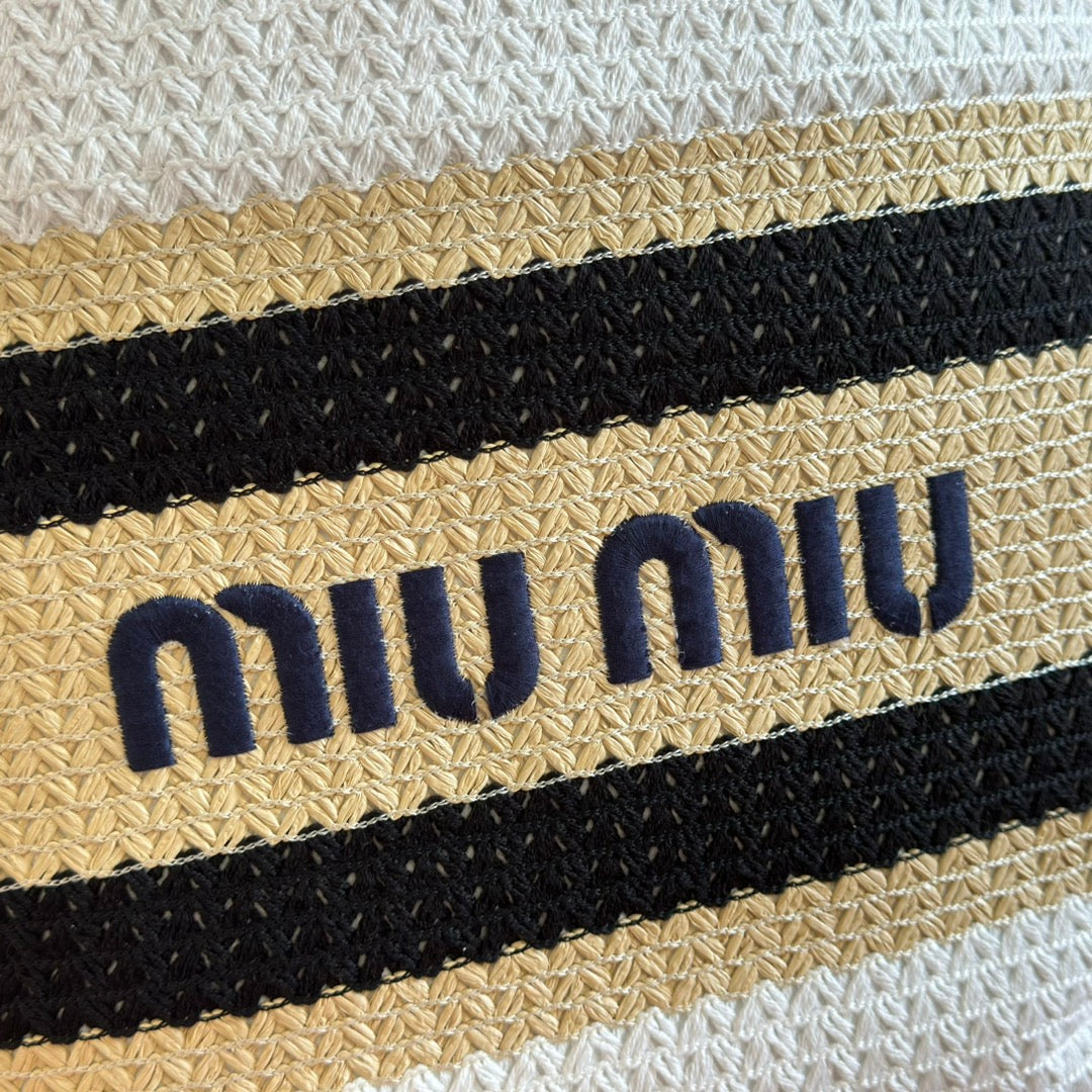 Miu Tote Bag 40cm Beige White Black Raffia-Effect Woven 285413