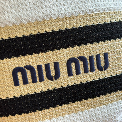 Miu Tote Bag 40cm Beige White Black Raffia-Effect Woven 285413