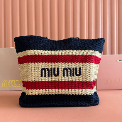 Miu Tote Bag 40cm Navy Blue Beige Red Raffia-Effect Woven 285406