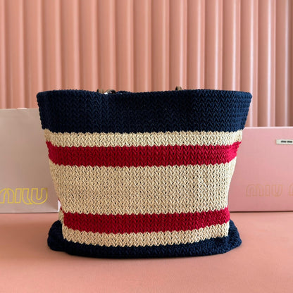 Miu Tote Bag 40cm Navy Blue Beige Red Raffia-Effect Woven 285406
