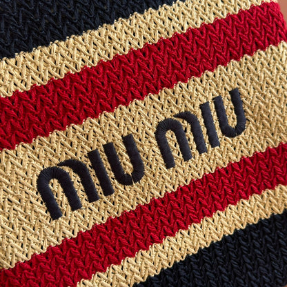 Miu Tote Bag 40cm Navy Blue Beige Red Raffia-Effect Woven 285406