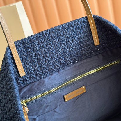 Miu Tote Bag 40cm Navy Blue Beige Red Raffia-Effect Woven 285406