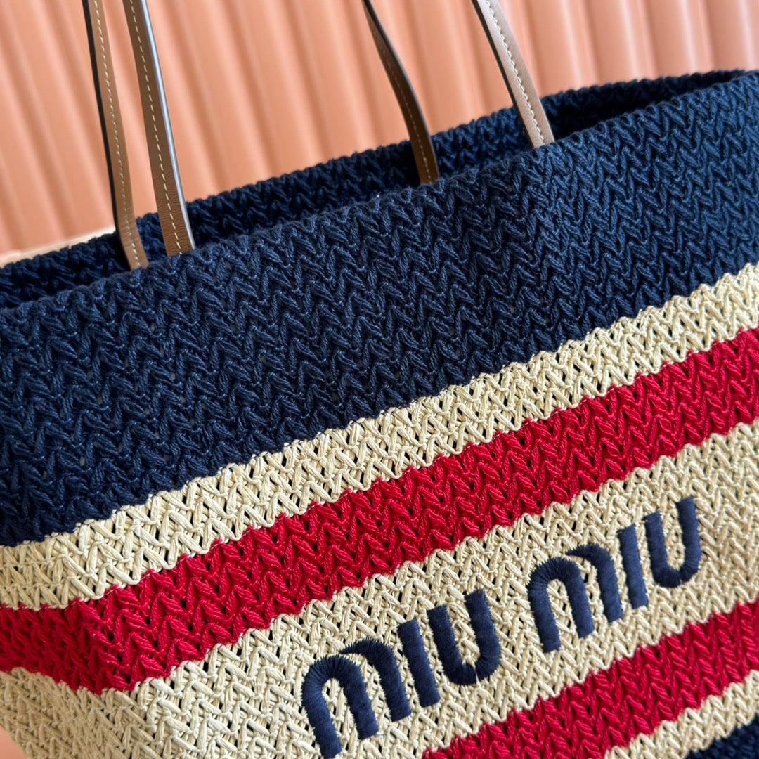 Miu Tote Bag 40cm Navy Blue Beige Red Raffia-Effect Woven 285406