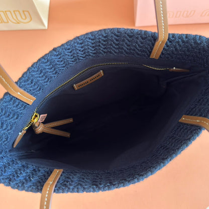 Miu Crochet Tote Bag 30x38 Orange Blue Raffia-Effect Woven 285273