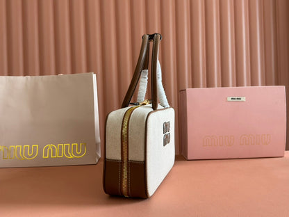 Miu Beau Medium Bag 29cm Soft Beige Cotton Brown Cowhide 257976