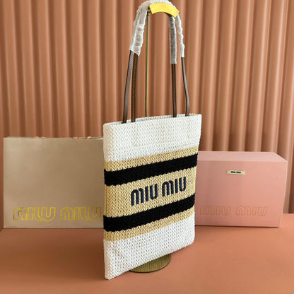 Miu Crochet Tote Bag 30x38 Beige White Raffia-Effect Woven 285269
