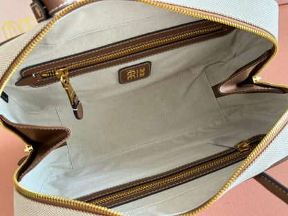 Miu Beau Medium Bag 29cm Soft Beige Cotton Brown Cowhide 257976