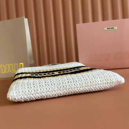 Miu Crochet Tote Bag 30x38 Beige White Raffia-Effect Woven 285269