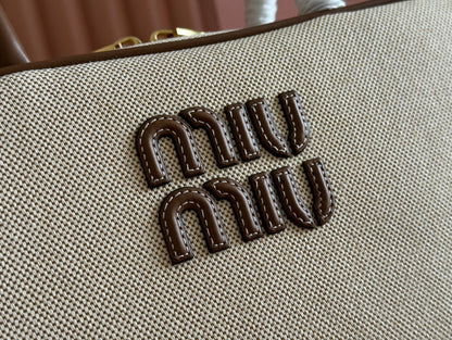 Miu Beau Medium Bag 29cm Soft Beige Cotton Brown Cowhide 257976