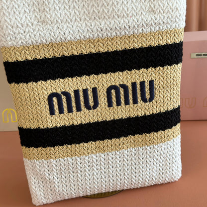 Miu Crochet Tote Bag 30x38 Beige White Raffia-Effect Woven 285269