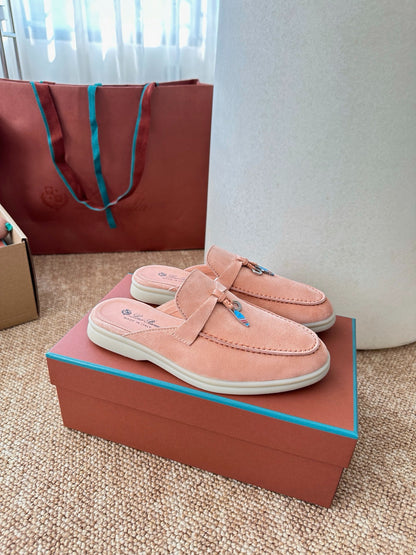 Loro Piana Summer Charms Walk Suede Mules - Peach Pink