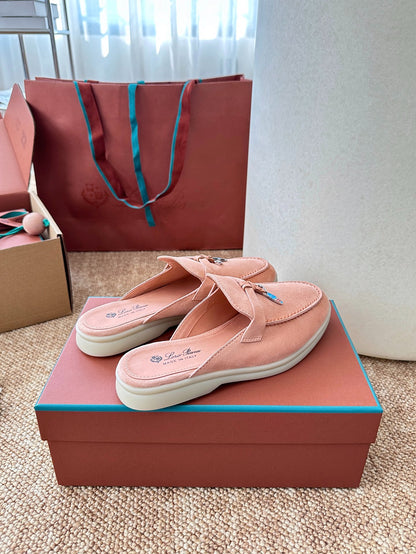 Loro Piana Summer Charms Walk Suede Mules - Peach Pink