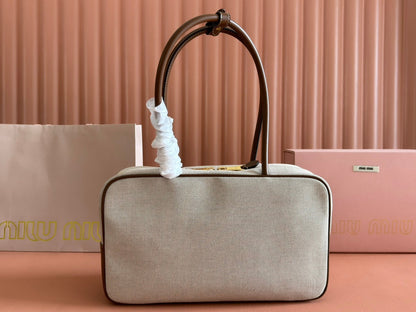 Miu Beau Medium Bag 34cm Soft Beige Cotton Brown Cowhide 257973