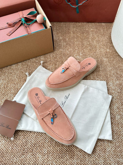 Loro Piana Summer Charms Walk Suede Mules - Peach Pink