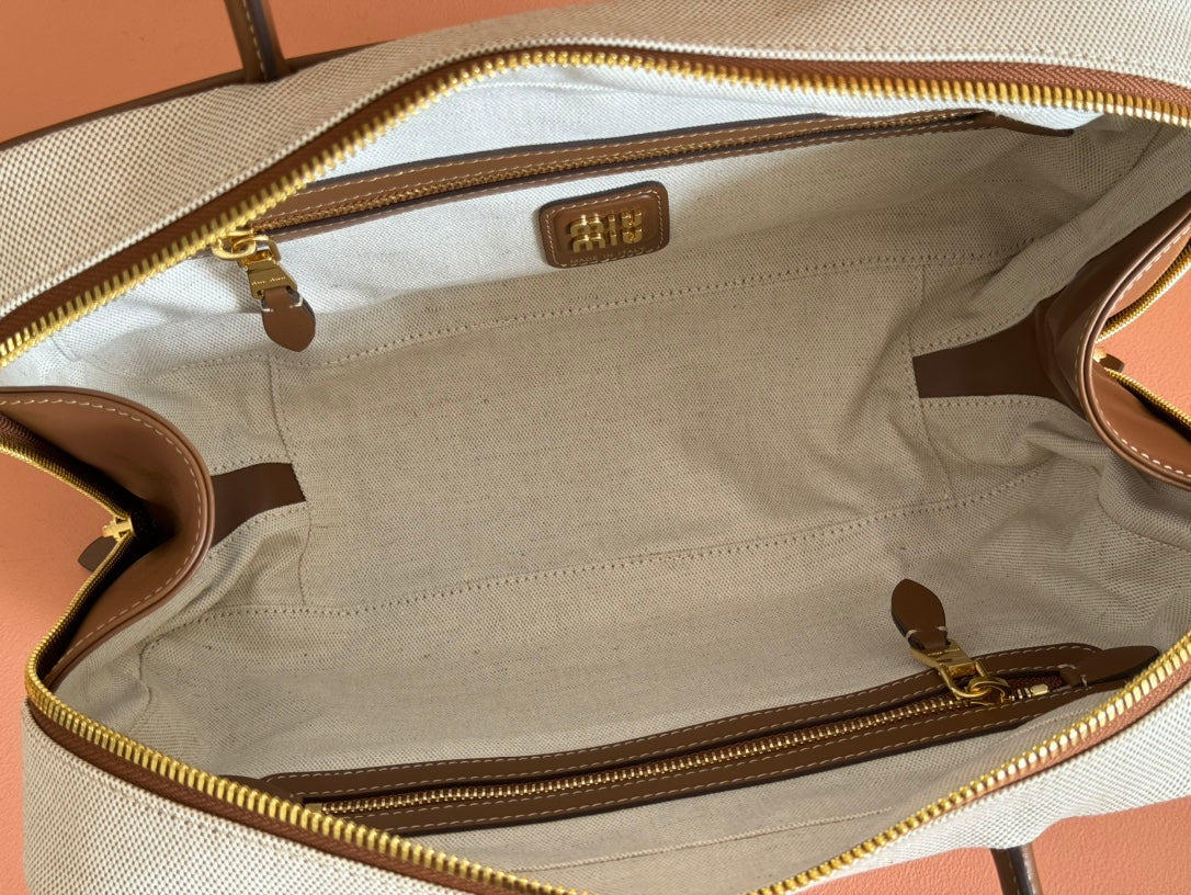 Miu Beau Medium Bag 34cm Soft Beige Cotton Brown Cowhide 257973