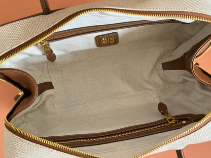Miu Beau Medium Bag 34cm Soft Beige Cotton Brown Cowhide 257973