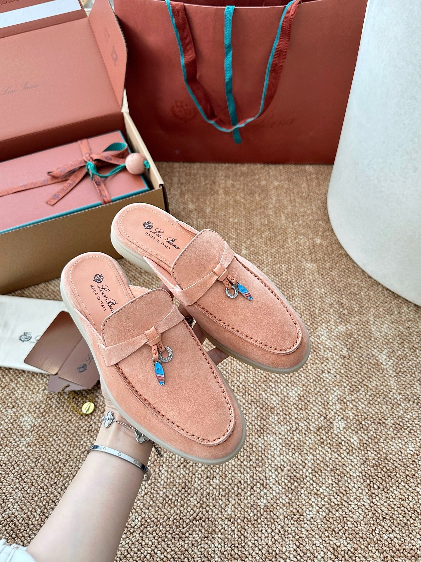 Loro Piana Summer Charms Walk Suede Mules - Peach Pink