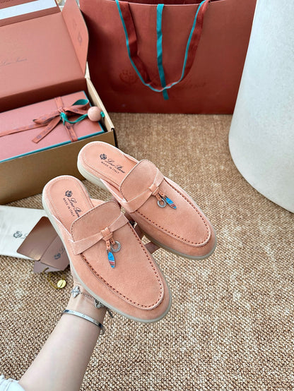Loro Piana Summer Charms Walk Suede Mules - Peach Pink