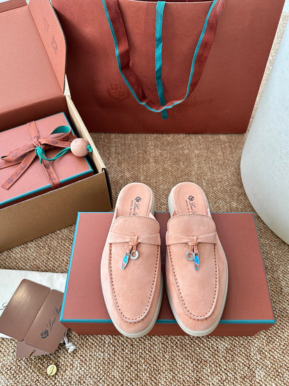Loro Piana Summer Charms Walk Suede Mules - Peach Pink
