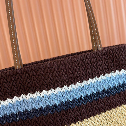 Miu Crochet Tote Bag 30x38 Beige Brown Raffia-Effect Woven 285266