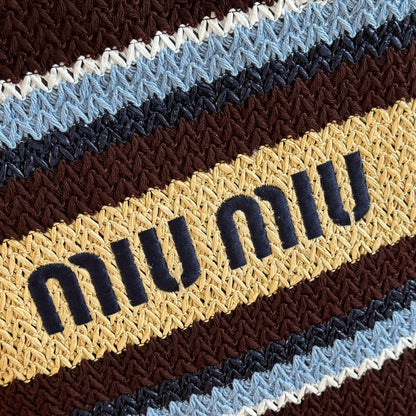 Miu Crochet Tote Bag 30x38 Beige Brown Raffia-Effect Woven 285266