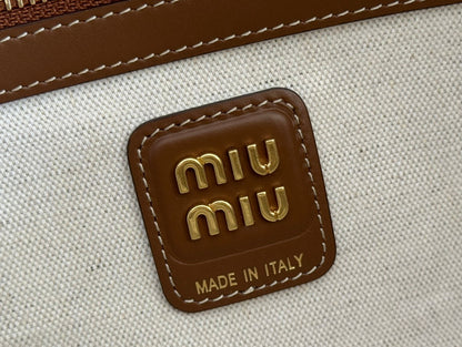 Miu Beau Medium Bag 34cm Soft Beige Cotton Brown Cowhide 257973