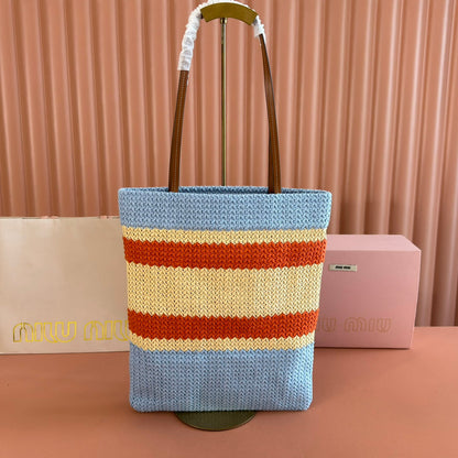Miu Crochet Tote Bag 30x38 Beige Blue Raffia-Effect Woven 285260