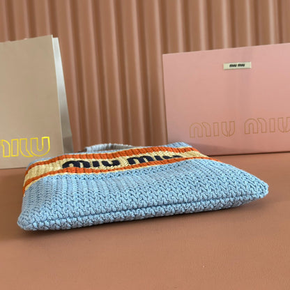 Miu Crochet Tote Bag 30x38 Beige Blue Raffia-Effect Woven 285260