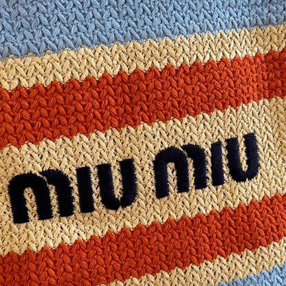 Miu Crochet Tote Bag 30x38 Beige Blue Raffia-Effect Woven 285260