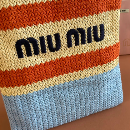 Miu Crochet Tote Bag 30x38 Beige Blue Raffia-Effect Woven 285260