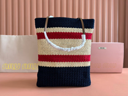 Miu Crochet Tote Bag 30x38 Beige Dark Blue Raffia-Effect Woven 285257