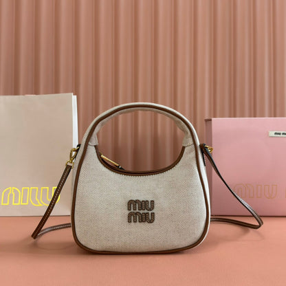 Miu Wander Tote Bag 20cm Soft Beige Cotton Brown Cowhide 257967