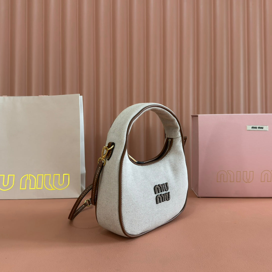 Miu Wander Tote Bag 20cm Soft Beige Cotton Brown Cowhide 257967